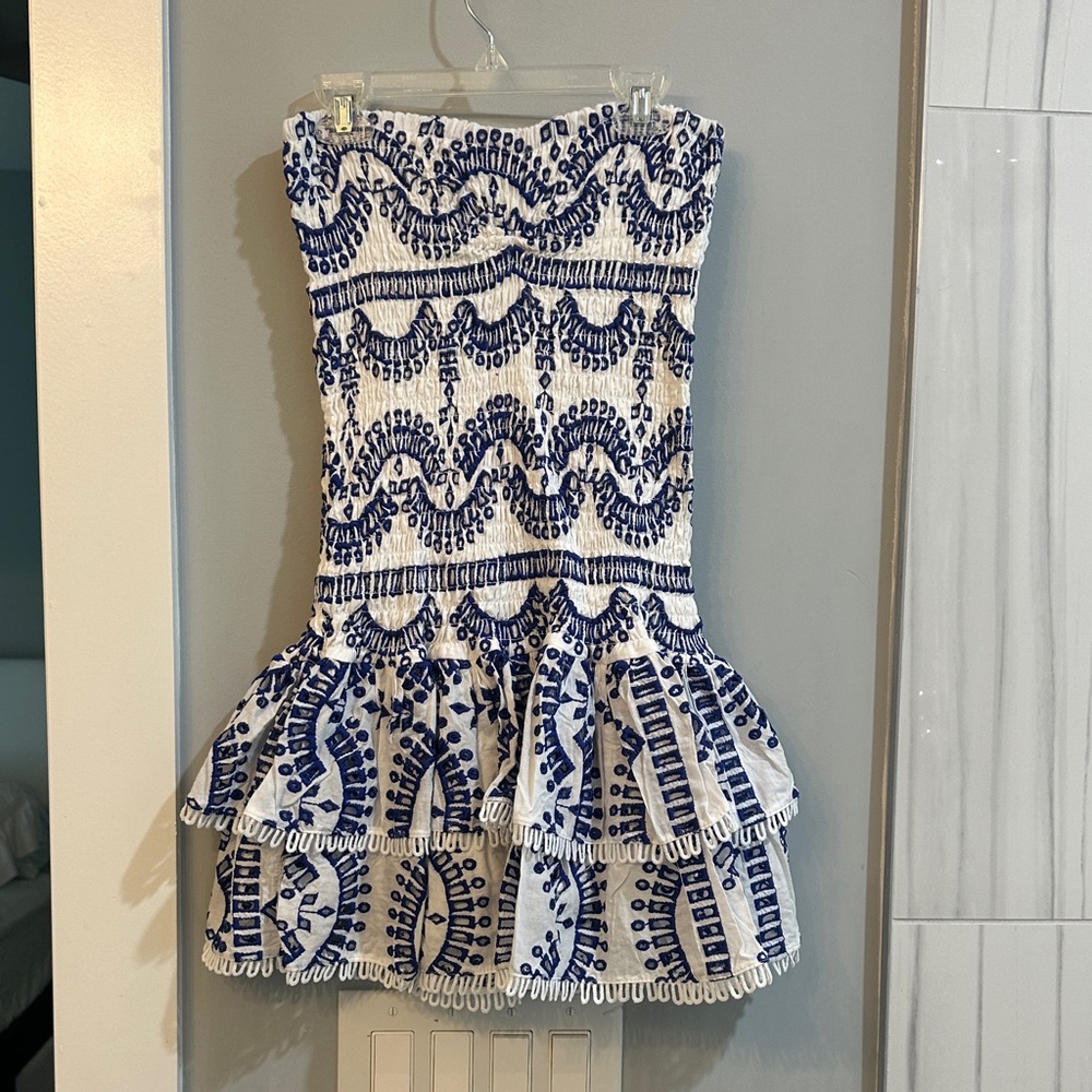Blue and White Strapless Dress